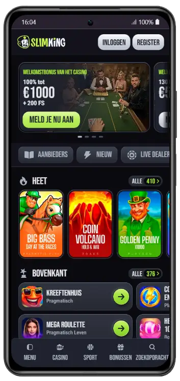 SlimKing Casino – Startpagina SlimKing casino homepage met welkomstbonus banner, hete spellen zoals Big Bass en Coin Volcano, en een bovenkant-sectie met Kreeftenhuis en Mega Roulette
