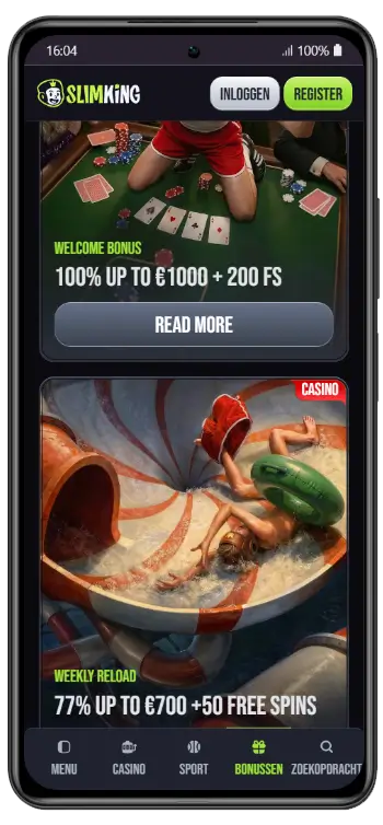 SlimKing Casino – Bonusaanbiedingen SlimKing bonuspagina met welkomstbonus van 100% tot €1000 plus 200 free spins en een weekly reload bonus van 77% tot €700 plus 50 free spins