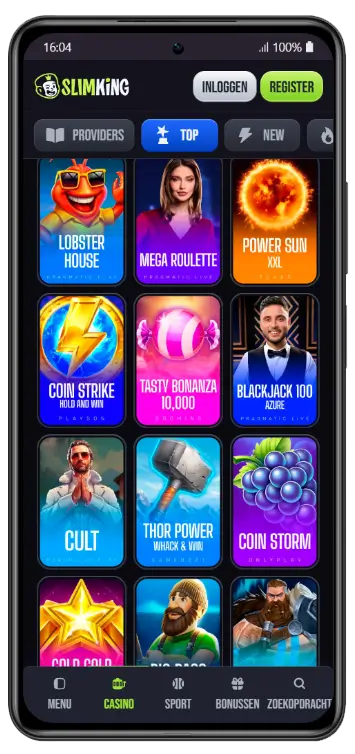 SlimKing Casino – Spellenlobby SlimKing casino mobiele app met spellenoverzicht, waaronder Lobster House, Mega Roulette, Power Sun, Coin Strike, Tasty Bonanza en Blackjack 100